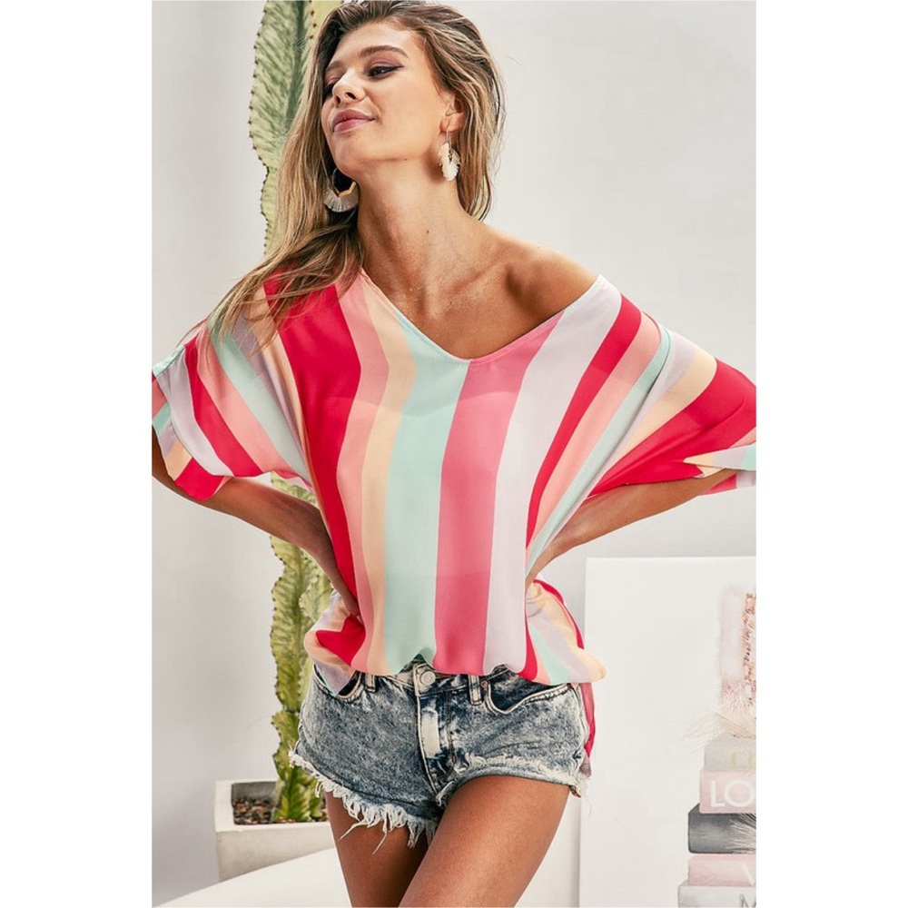 NEW! Woven Multicolor Vertical Stripe V Neck Blouse - Picture 3 of 8